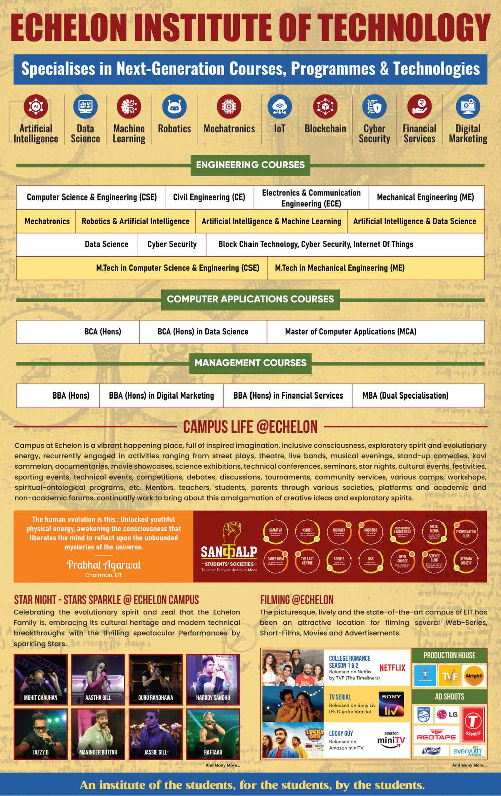 Echelon Institute of Technology brochure page 3: full list of engineering, computer application and management courses including AI, Data Science, Robotics, Cyber Security and Blockchain specialisations, plus campus life photos of star night performers and on-campus filming for College Romance, Ek Duje Ke Vaaste and Lucky Guy