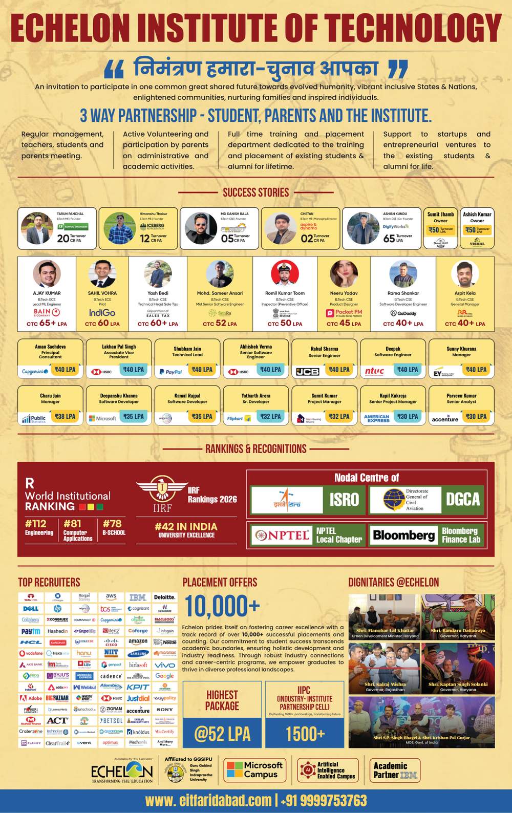 Echelon Institute of Technology brochure page 4: alumni success stories and CTC packages up to 65+ LPA, IIRF 2026 rankings, ISRO and DGCA nodal centre status, top recruiter logos, and 10,000+ cumulative placement offers with a highest package of 52 LPA